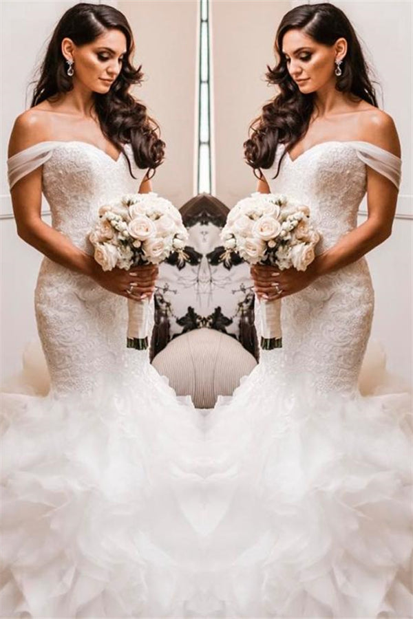 Off The Shoulder Puffy Ruffless Wedding Dresses Sheath Tulle Modern Lace Bridal Gowns-showprettydress