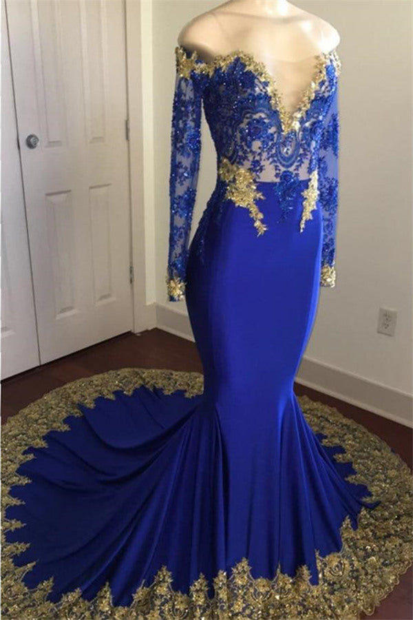 Off-the-Shoulder Royal Blue Prom Dresses Gold Lace Appliques Chic Evening Dress with Sleeve-showprettydress