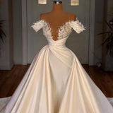 Off the Shoulder Sequined Fur Satin Wedding Party Gown Sleeveless/Long Sleevess styles-showprettydress