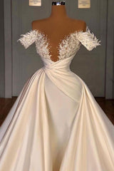 Off the Shoulder Sequined Fur Satin Wedding Party Gown Sleeveless/Long Sleevess styles-showprettydress