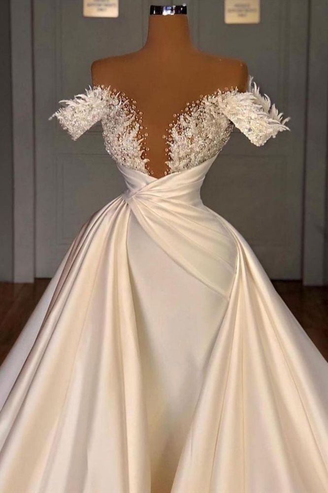Off the Shoulder Sequined Fur Satin Wedding Party Gown Sleeveless/Long Sleevess styles-showprettydress