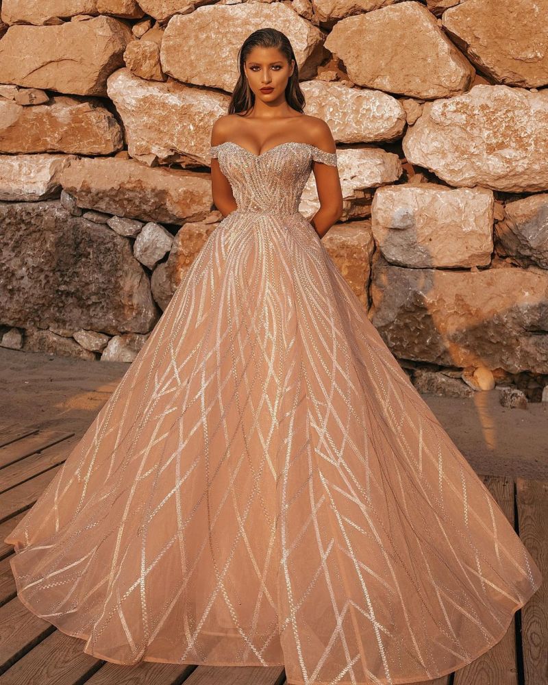 Off the Shoulder Sequins Aline Wedding Gown-showprettydress