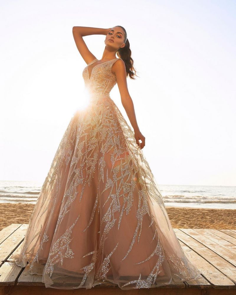 Off the Shoulder Sequins Aline Wedding Gown-showprettydress