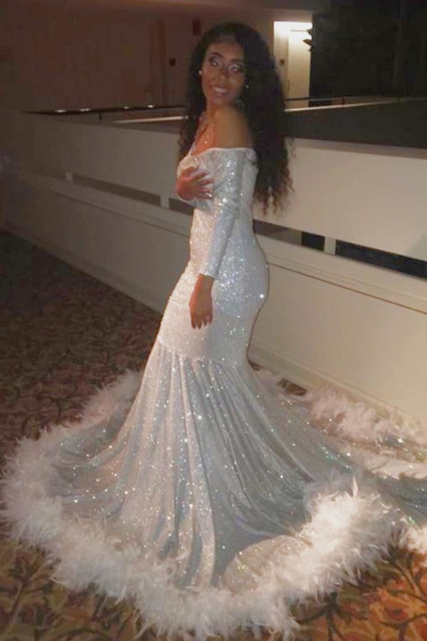 Off-the-shoulder Sequins Fur Trim Court Train Mermaid Prom Gowns-showprettydress