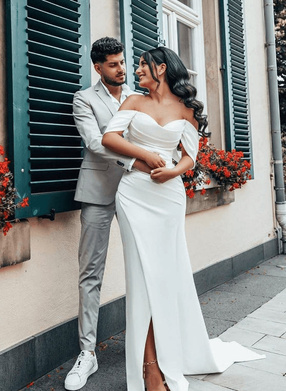 Off-The-Shoulder Sheath Fitted Slit Wedding Dresses Satin-Showprettydress