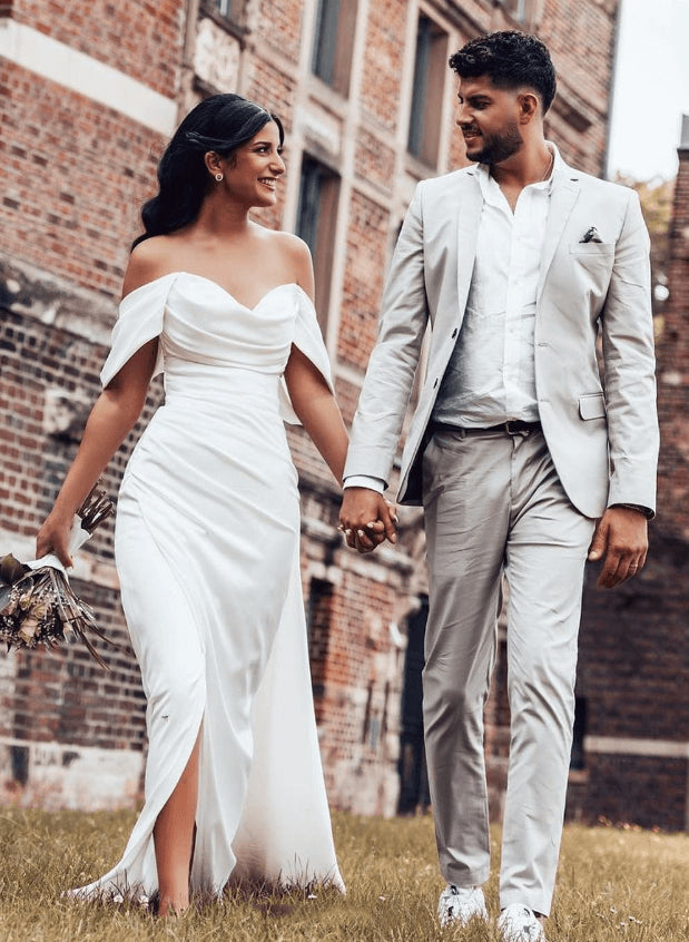 Off-The-Shoulder Sheath Fitted Slit Wedding Dresses Satin-Showprettydress