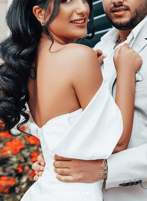 Off-The-Shoulder Sheath Fitted Slit Wedding Dresses Satin-Showprettydress