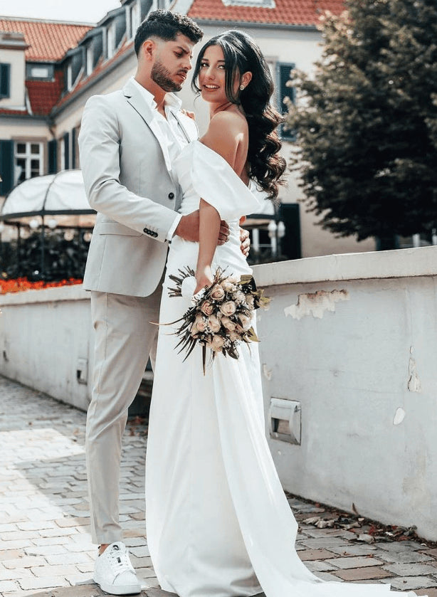 Off-The-Shoulder Sheath Fitted Slit Wedding Dresses Satin-Showprettydress