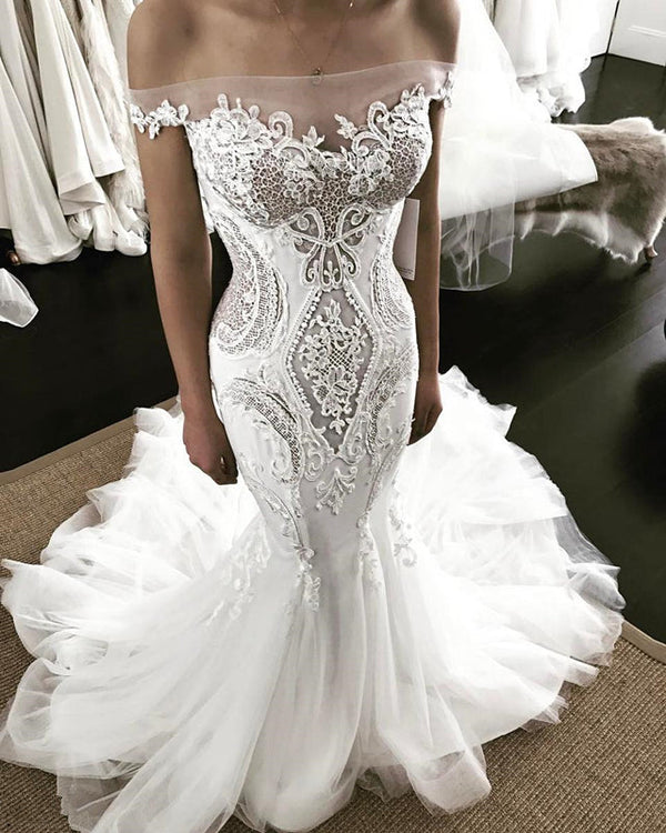 Off the shoulder Strapless Mermaid Lace Wedding Dress-showprettydress