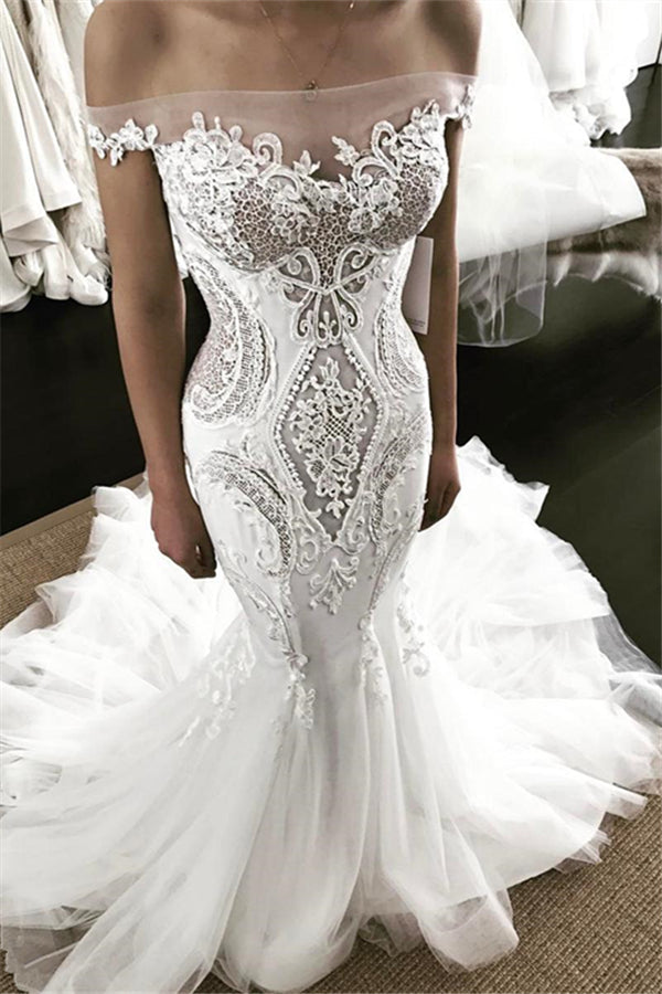 Off the shoulder Strapless Mermaid Lace Wedding Dress-showprettydress