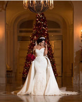 Off the Shoulder Sweetheart Tulle lace Appliques Long Wedding Dress with Detachable Train-showprettydress