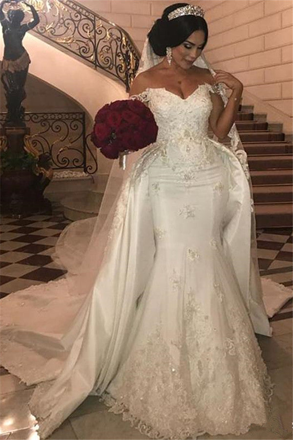 Off the Shoulder Sweetheart Tulle lace Appliques Long Wedding Dress with Detachable Train-showprettydress