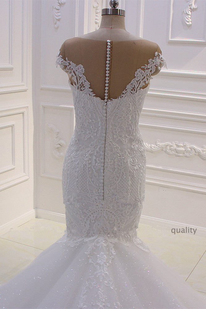 Off the Shoulder Sweetheart White Lace Appliques Tulle Mermaid Wedding Dress-showprettydress