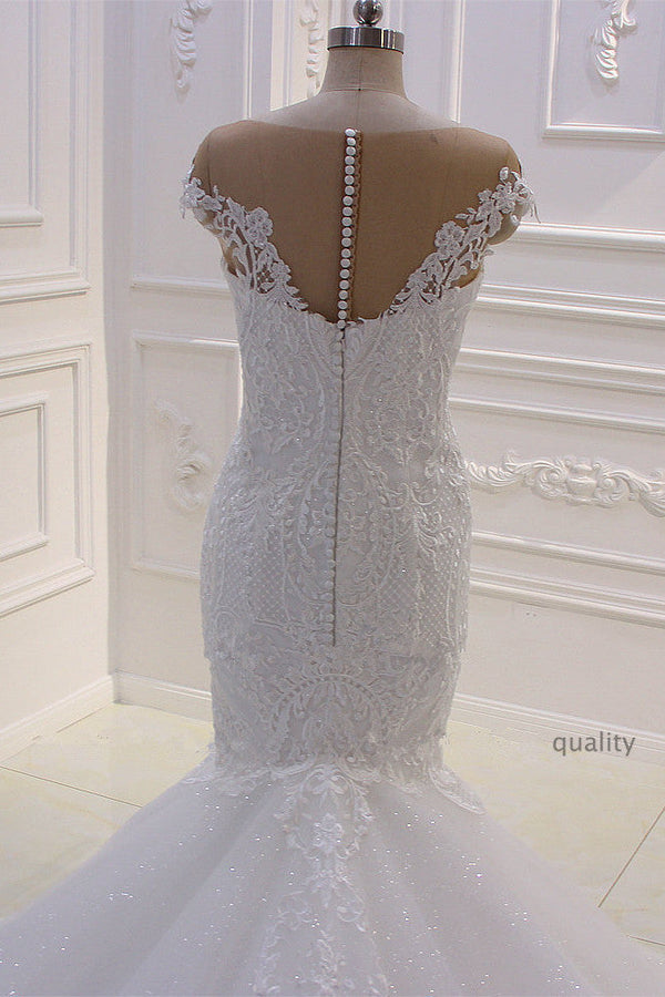 Romantic Mermaid Off the Shoulder Lace Tulle Wedding Dresses with Appliques