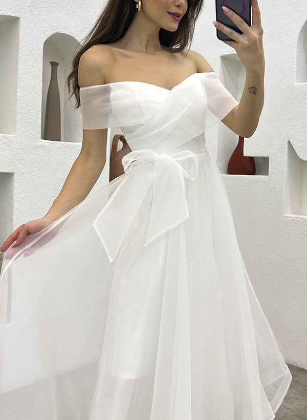 Off-The-Shoulder Tea-Length Tulle Wedding Dresses Bows-Showprettydress