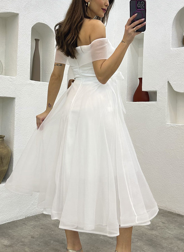 Off-The-Shoulder Tea-Length Tulle Wedding Dresses Bows-Showprettydress
