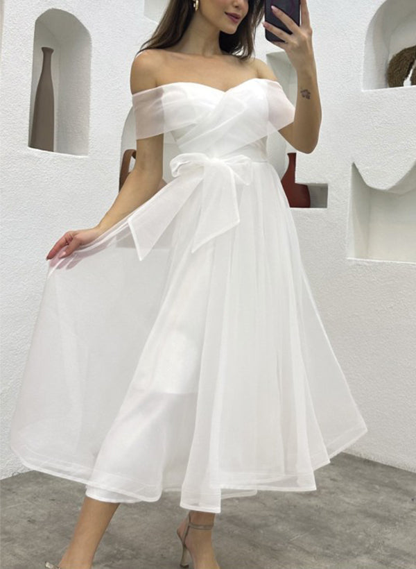 Off-The-Shoulder Tea-Length Tulle Wedding Dresses Bows-Showprettydress