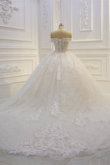 Off the shoulder Tulle Lace Appliques Sequined Wedding Dress-showprettydress