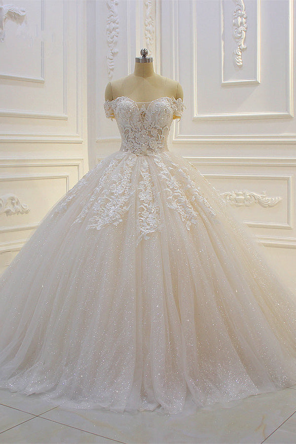 Off the shoulder Tulle Lace Appliques Sequined Wedding Dress-showprettydress