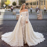 Off the Shoulder Wedding Gown Long Sleeves Floral Mermaid with Detachable Train-showprettydress