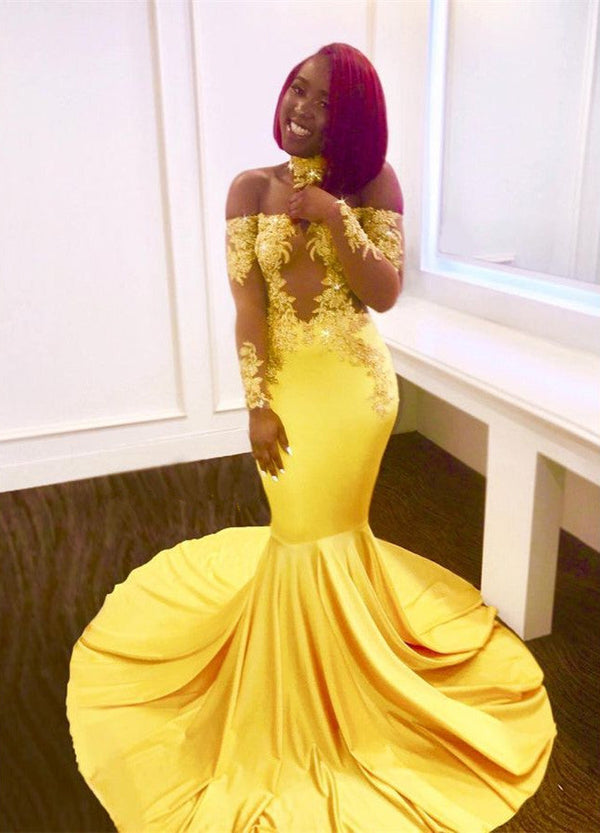 Off-the-shoulder yellow prom dress, mermaid long evening gowns-showprettydress