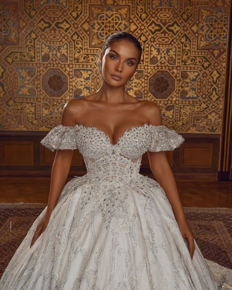 Off the ShoulderAline Ball Gown Wedding Dress Floral Lace-showprettydress