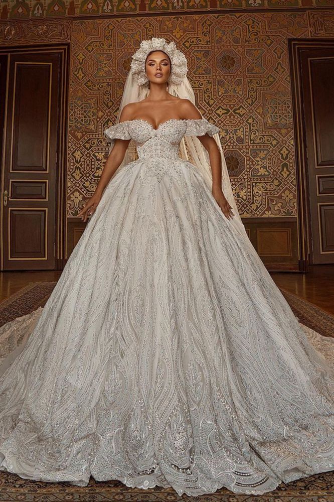 Off the ShoulderAline Ball Gown Wedding Dress Floral Lace-showprettydress