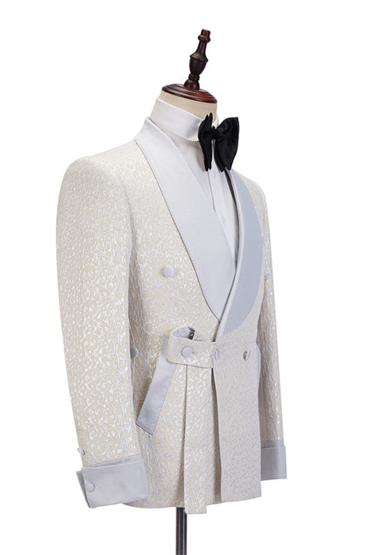 Off White Shawl Lapel Slim Fit Jacquard Bespoke Wedding Suits-showprettydress