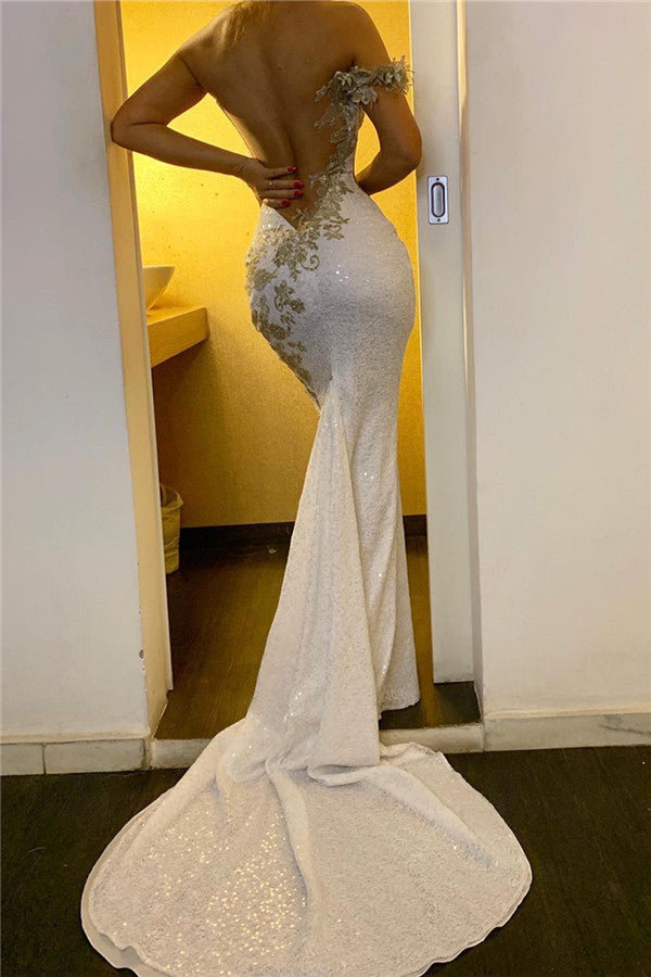 One Shoulder Appliques Sequined Evening Gowns Backless Elegant Formal Dresses-showprettydress