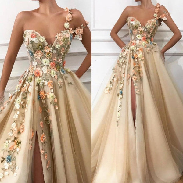 One Shoulder Ball Gown Prom Dress Applique Light Gold V-Neck Long Tulle-showprettydress