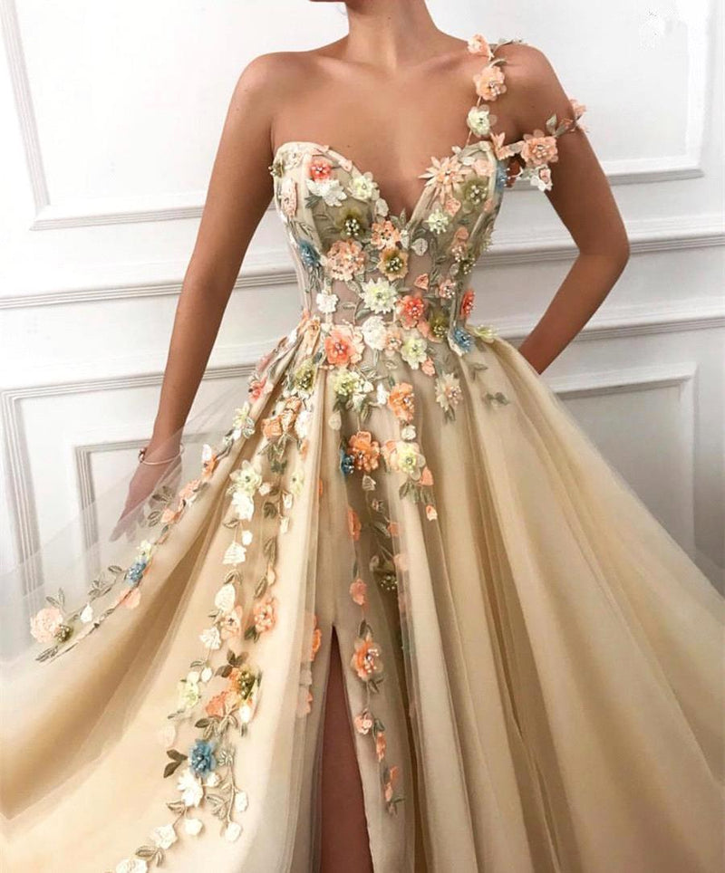 One Shoulder Ball Gown Prom Dress Applique Light Gold V-Neck Long Tulle-showprettydress