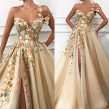 One Shoulder Ball Gown Prom Dress Applique Light Gold V-Neck Long Tulle-showprettydress