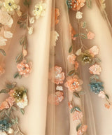 One Shoulder Ball Gown Prom Dress Applique Light Gold V-Neck Long Tulle-showprettydress