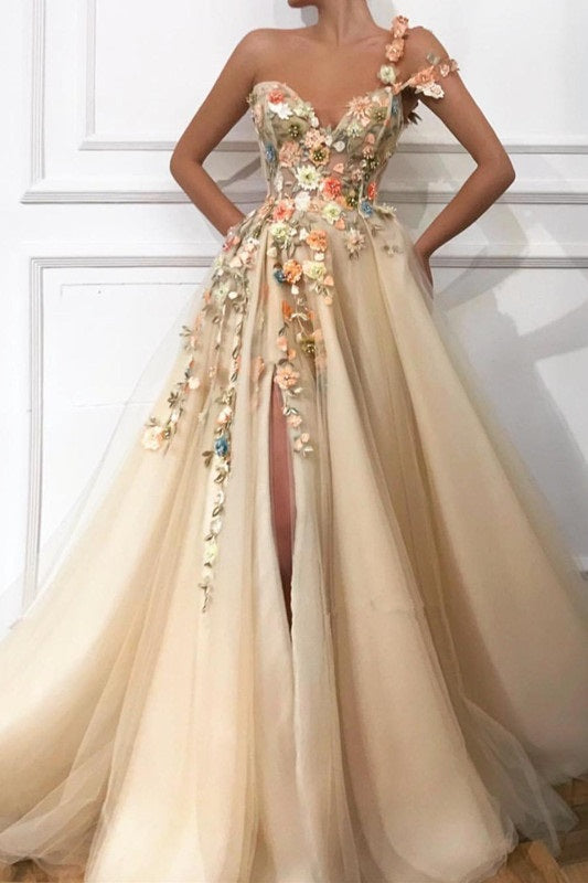 One Shoulder Ball Gown Prom Dress Applique Light Gold V-Neck Long Tulle-showprettydress