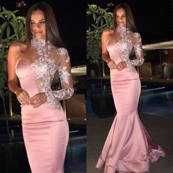 One-Shoulder Gorgeous High-Neck Mermaid Lace Evening Dress-showprettydress