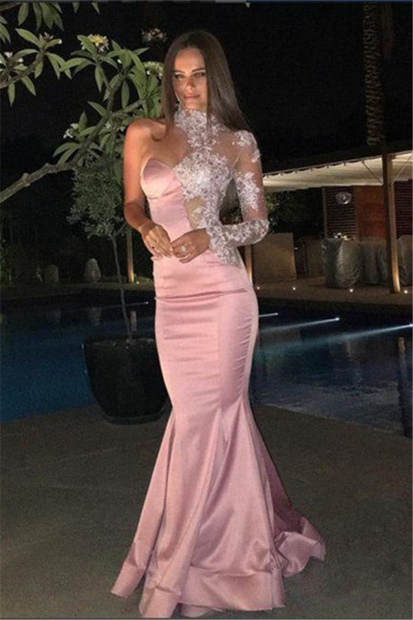 One-Shoulder Gorgeous High-Neck Mermaid Lace Evening Dress-showprettydress