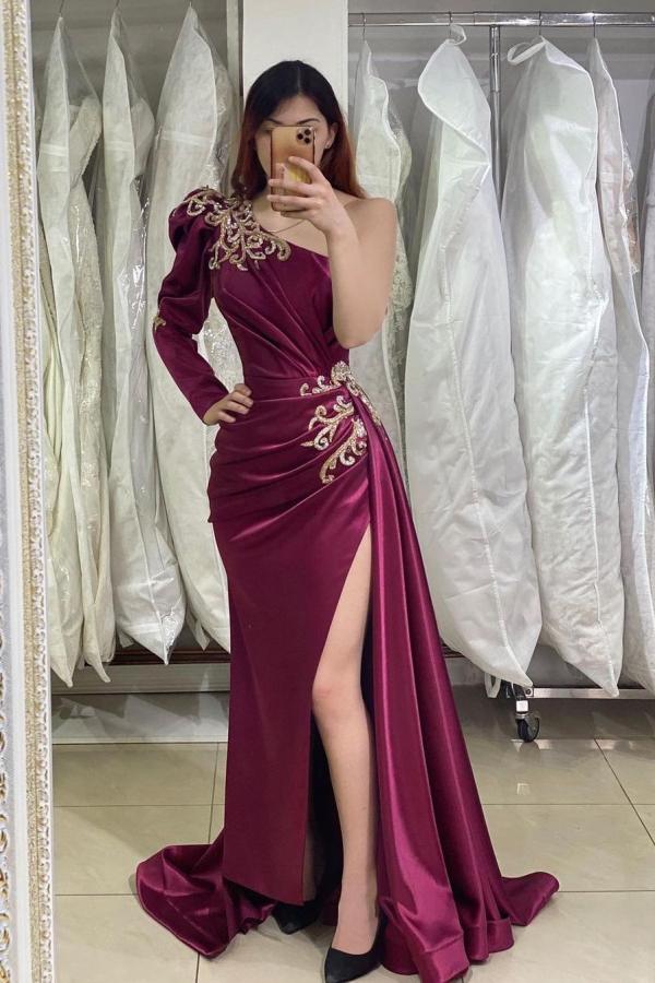 One Shoulder Long Sleeves Prom Dress Split With Appliques-showprettydress
