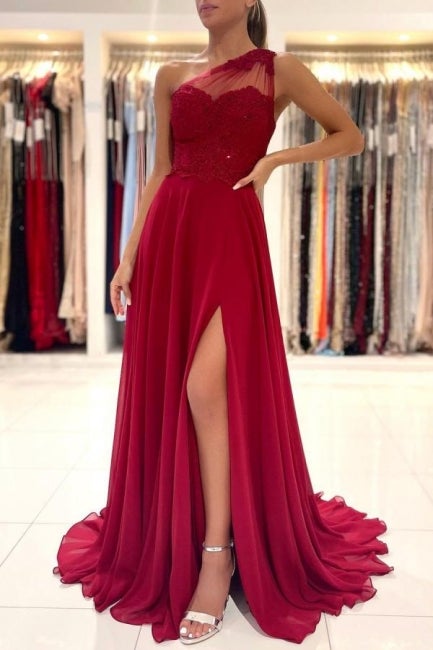 One Shoulder Red Prom Dress Floor Length Sleeveless Maxi Dress with Front Slit-showprettydress