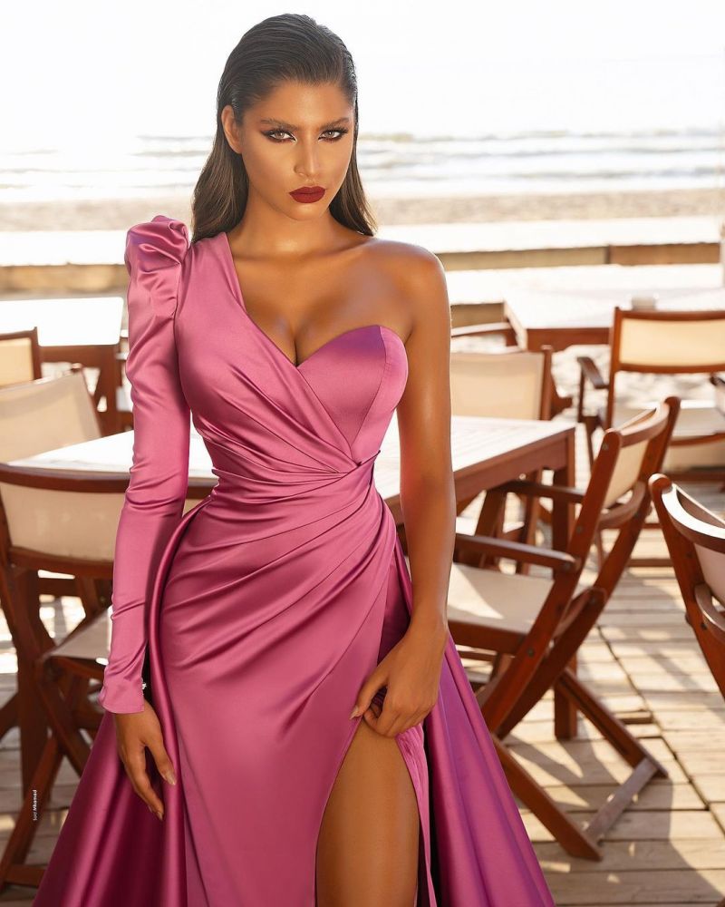 One Shoulder Satin Front Split Evening Party Dresses with Sweep Train-showprettydress
