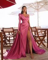 One Shoulder Satin Front Split Evening Party Dresses with Sweep Train-showprettydress