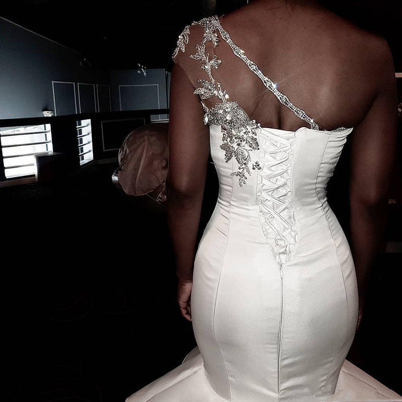 One shoulder White Mermaid Bridal Gowns with Ruffles Train-showprettydress