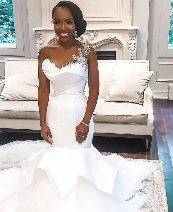 One shoulder White Mermaid Bridal Gowns with Ruffles Train-showprettydress