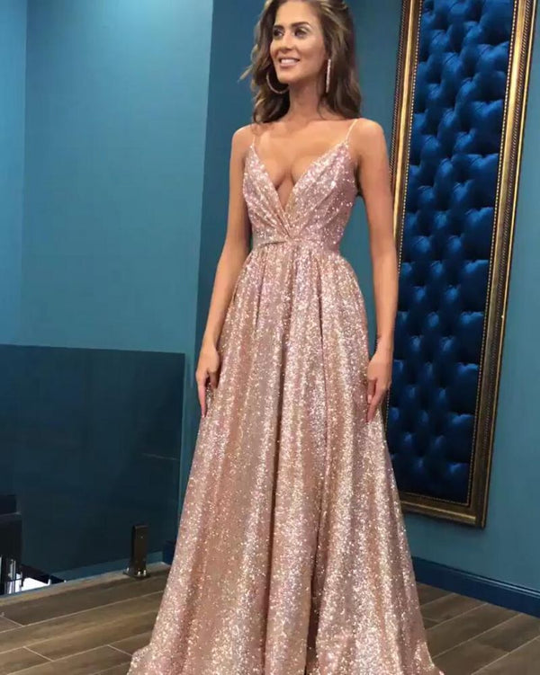 Open Back Sleeveless Chic Sequins Simple Spaghetti Straps Evening Dresses-showprettydress