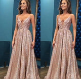 Open Back Sleeveless Chic Sequins Simple Spaghetti Straps Evening Dresses-showprettydress