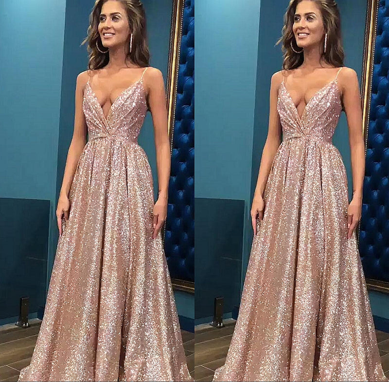 Open Back Sleeveless Chic Sequins Simple Spaghetti Straps Evening Dresses-showprettydress