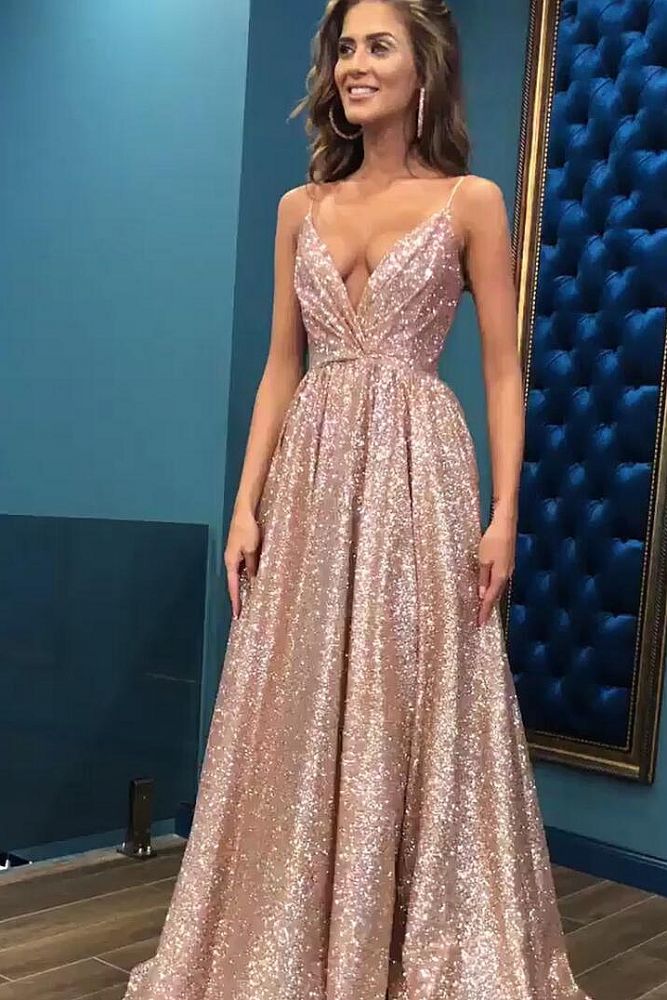 Open Back Sleeveless Chic Sequins Simple Spaghetti Straps Evening Dresses-showprettydress
