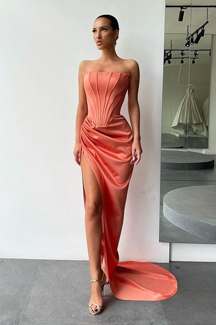 Orange Long Mermaid Strapless Pleats Prom Dress with Slit-showprettydress