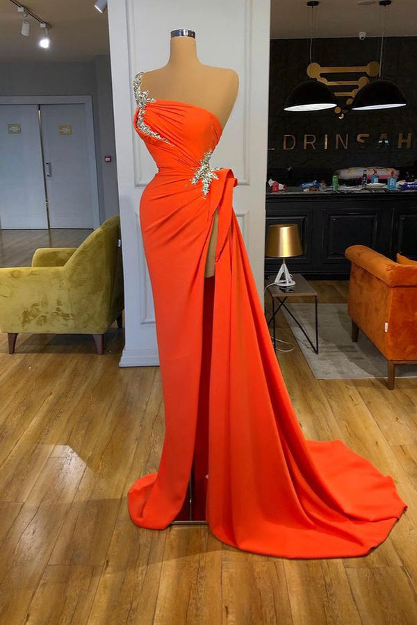 Orange Long One shoulder Satin Silver Sequined Prom Dress with Slit-showprettydress