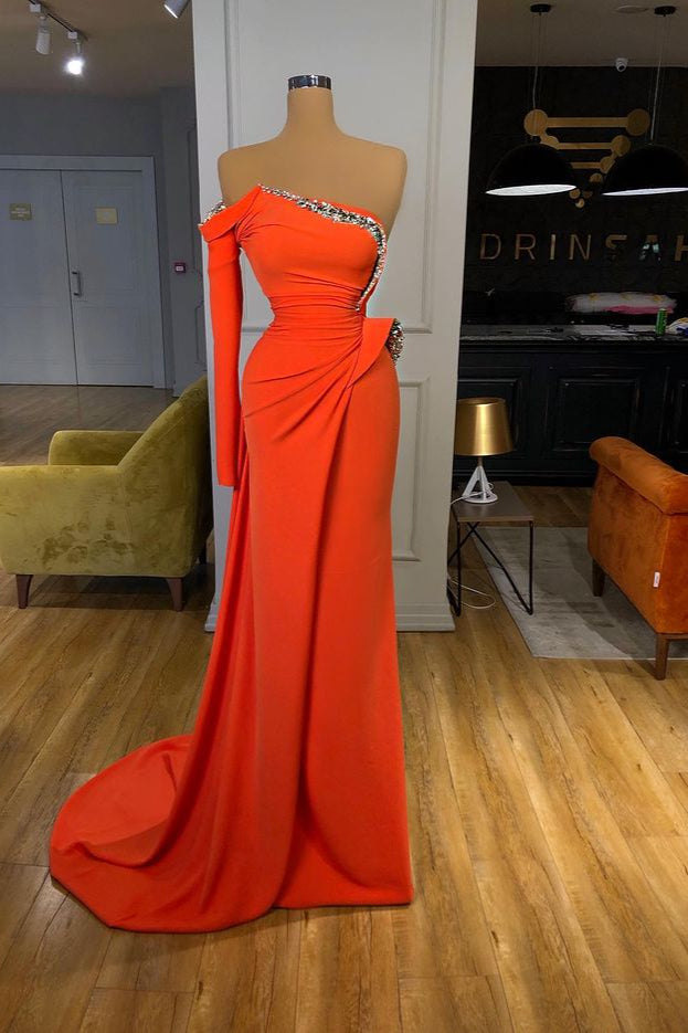 Orange Long Sleeves Strapless Satin Prom Dresses Long Formal Evening Dresses-showprettydress
