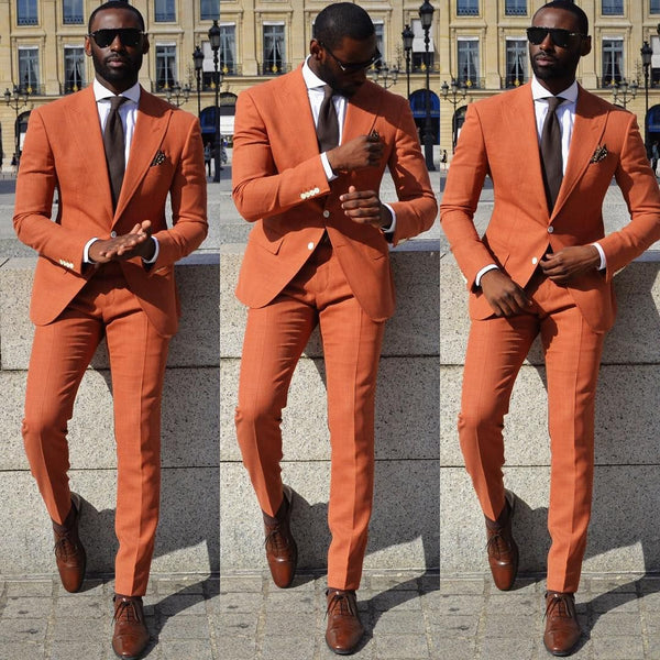Orange Slim Fit Men Suit Peaked Lapel Prom Suits-showprettydress